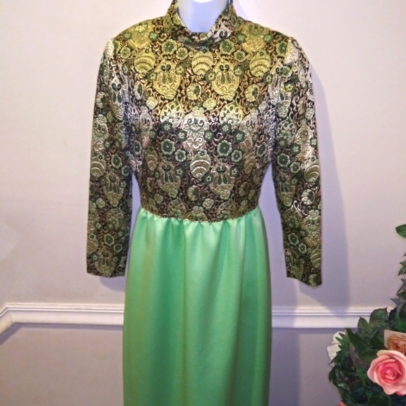 Vintage One-Of-A-Kind Handsewn Black Gold/Mint Lame´ Bodice Long Cocktail Dress - Picture 2 of 16